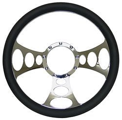 Billet Steering Wheel, Chromed 14" Web Style with Simulated Black Leather Grip - Performance Online