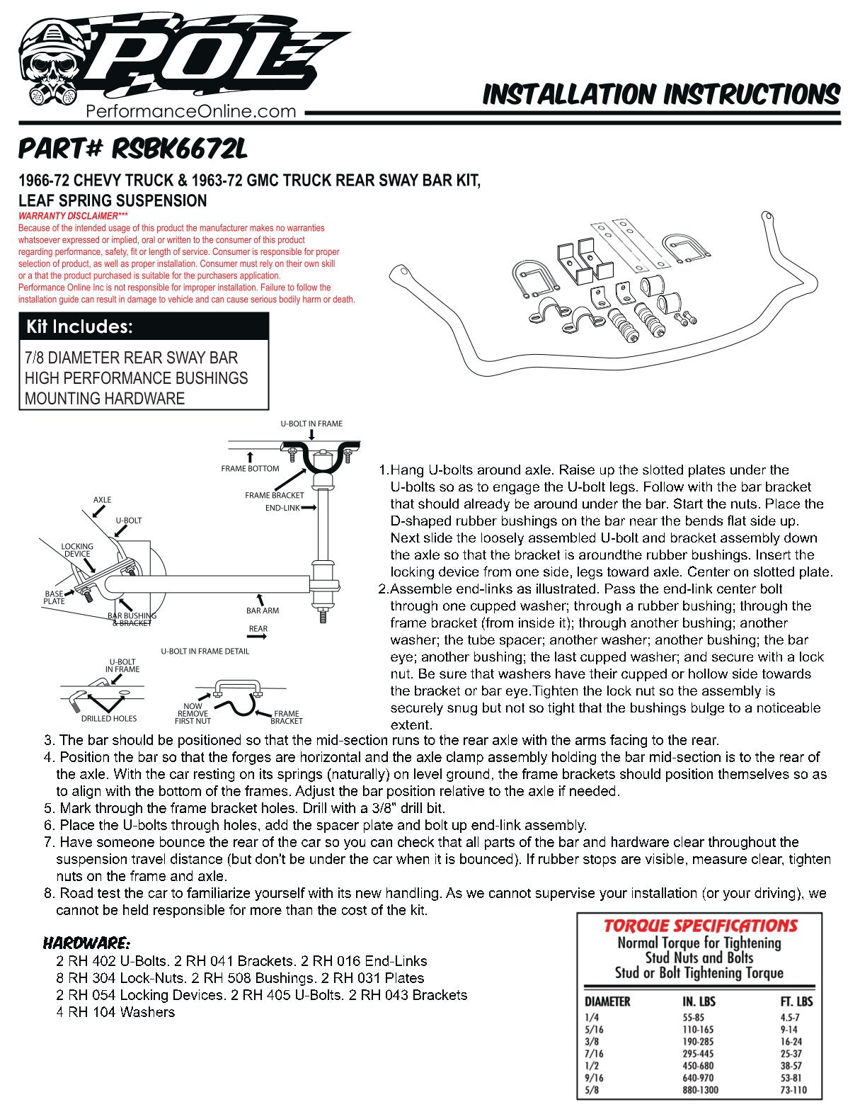 1963-72 Chevy Truck and 1960-72 GMC Truck, Performance Rear Sway Bar Kit