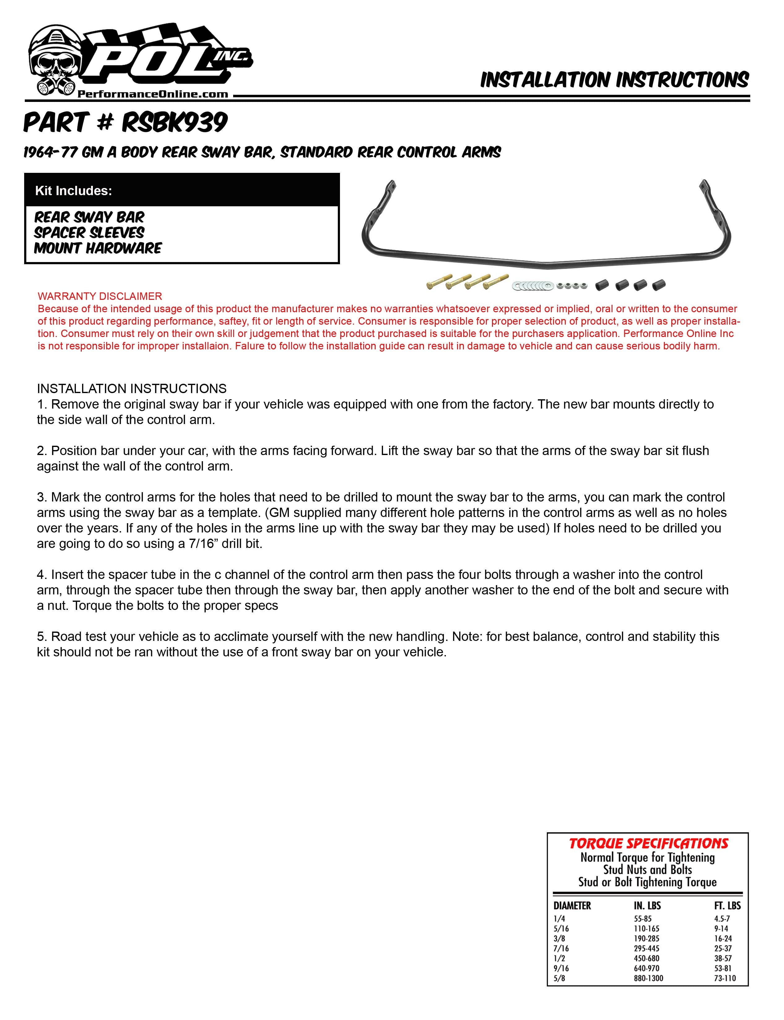 1964-77 Chevy Chevelle, GM A-Body Rear Sway Bar Kit