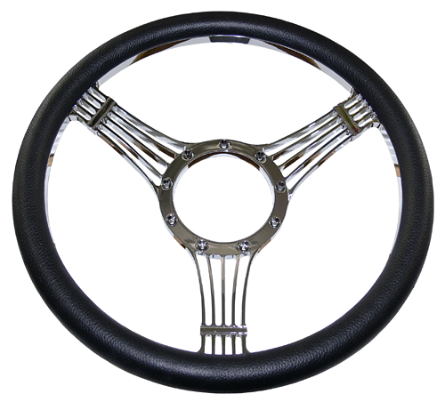 Billet Steering Wheel, Chromed 14" Banjo Style with Simulated Black Leather Grip