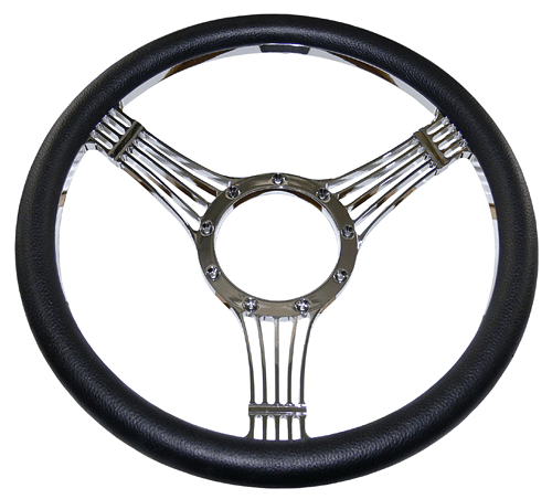 Billet Steering Wheel, Chromed 14" Banjo Style with Simulated Black Leather Grip - Performance Online