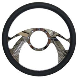 Billet Steering Wheel, Chromed 14" Wing Style with Simulated Black Leather Grip - Performance Online
