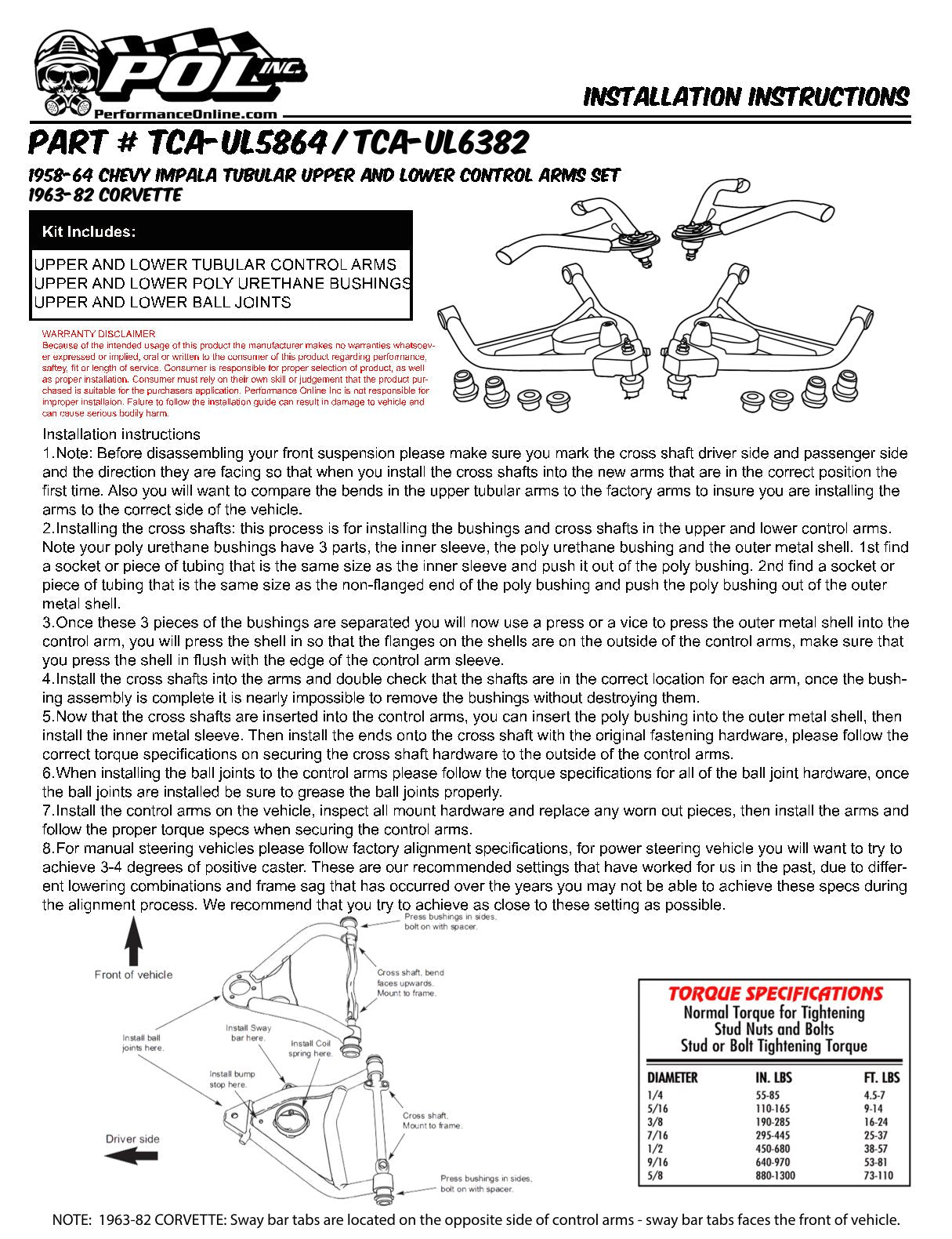 1963-82 Chevy Corvette Tubular Upper and Lower Control Arm Set