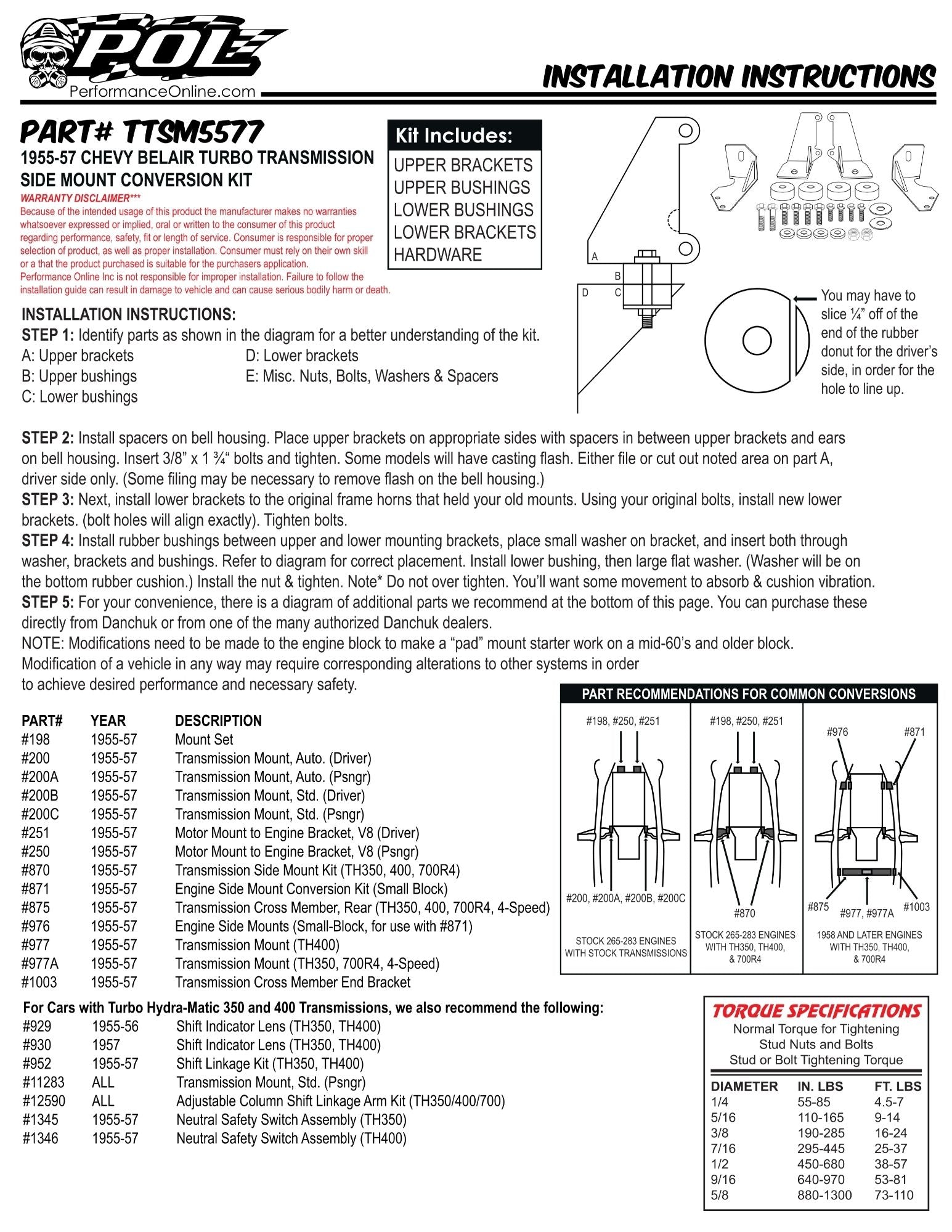 1955-57 Chevy Belair Turbo Transmission Side Mount Conversion Kit