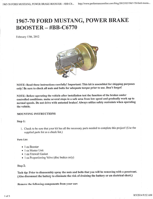 1967-70 Ford Mustang Power Brake Conversion