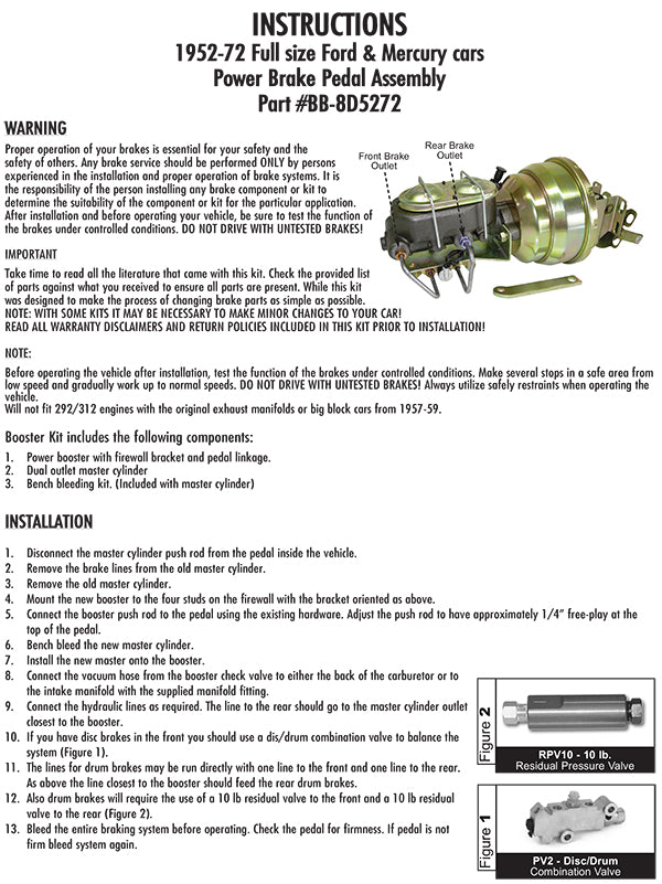 1952-72 Ford/Mercury Power Brake Booster Kit