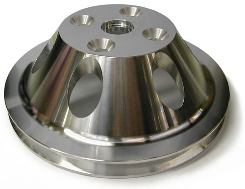 SMALL BLOCK CHEVY LONG WATER PUMP PULLEY, ALUMINUM SINGLE GROOVE