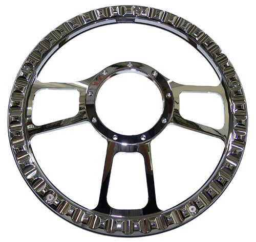 Billet Steering Wheel, Chromed 14" GT Sport Style with Simulated Black Leather Grip