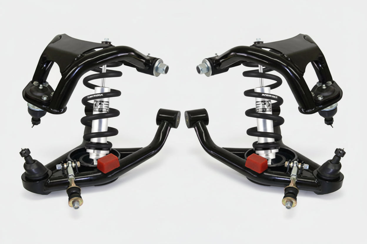 POL tubular control arms and coil-over suspension components with springs on a white background