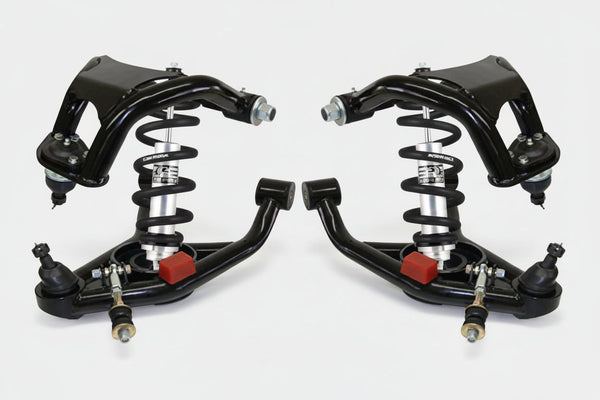 POL tubular control arms and coil-over suspension components with springs on a white background