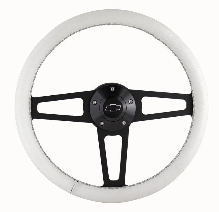 Billet T Series White Wrapped Black Spoke Steering Wheel with Chevy Logo & Install Kit (5196)